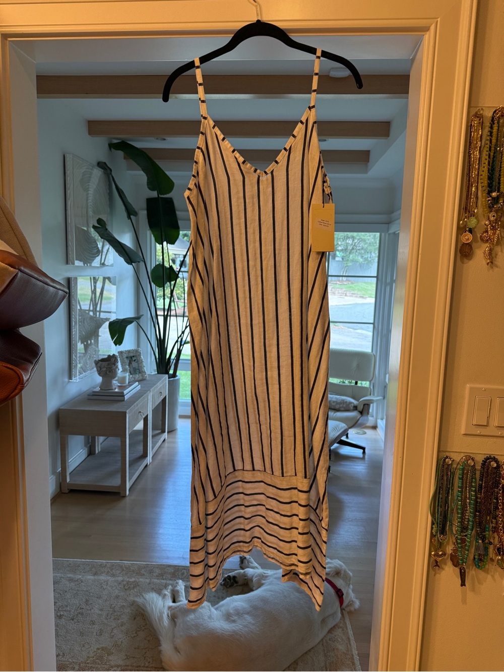 Striped V-Neck Spaghetti Strap Midi Dress - White/Navy